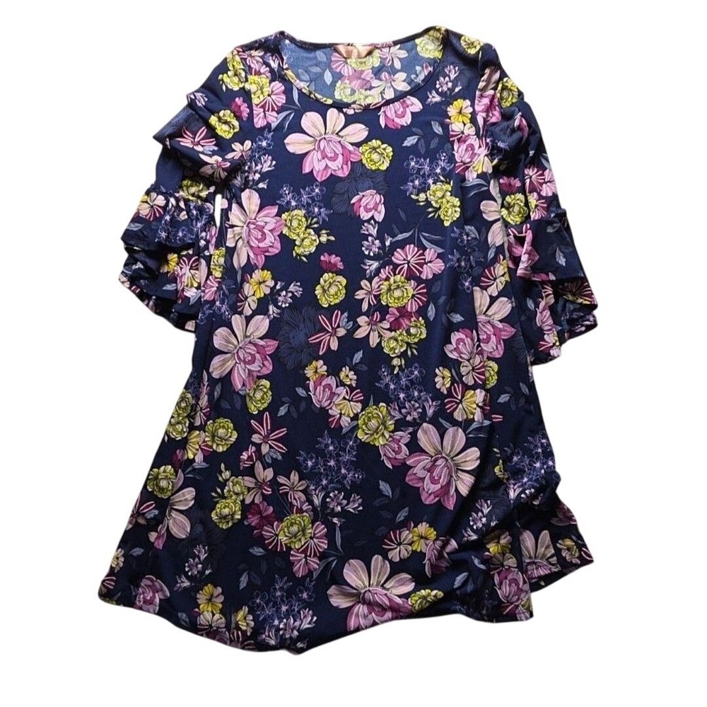 SJS Navy Floral Ruffle Bell Sleeve Shift Dress Womens Medium Pink Yellow Boho